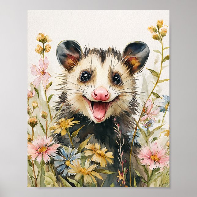 Funny Opossum in Blume - Aquarell Poster (Vorne)