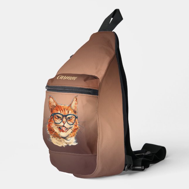 Funny Orange Cat mit Brille glänzend Kupfer Crossbody Bag (Rechte Ecke)