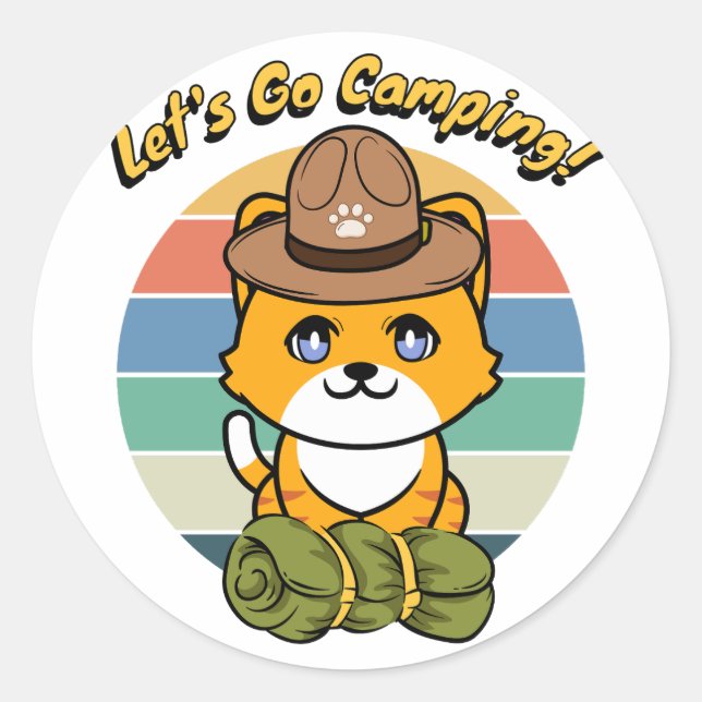 Funny Orange cat will Camping zu gehen Runder Aufkleber (Vorderseite)
