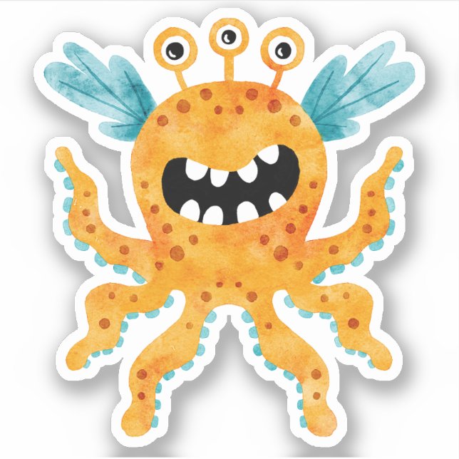 Funny Orange Drei Mit Augen Monster mit Tentacles Aufkleber (Vorderseite)