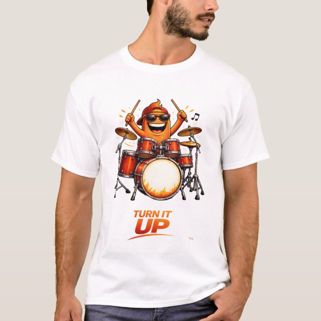 Funny Orange Drummer Character Music Illustration T-Shirt (Vorderseite)