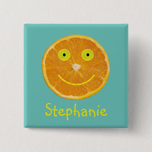Funny Orange Fruit Lächeln Gesicht Kinder Name Button (Vorderseite)