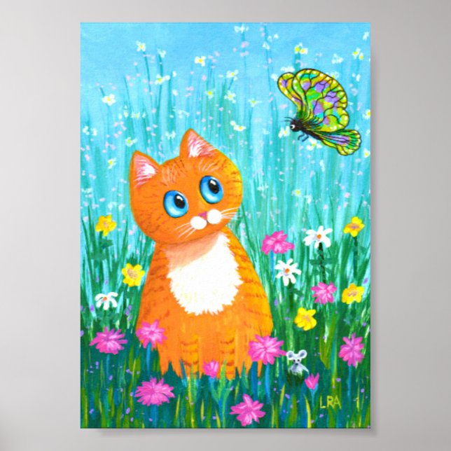 Funny Orange Tabby Cat Butterfly Creationarts Poster (Vorne)