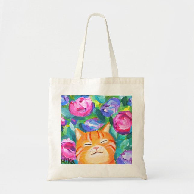 Funny Orange Tabby Cat Mit Blume Katze Liebespaar Tragetasche (Vorne)