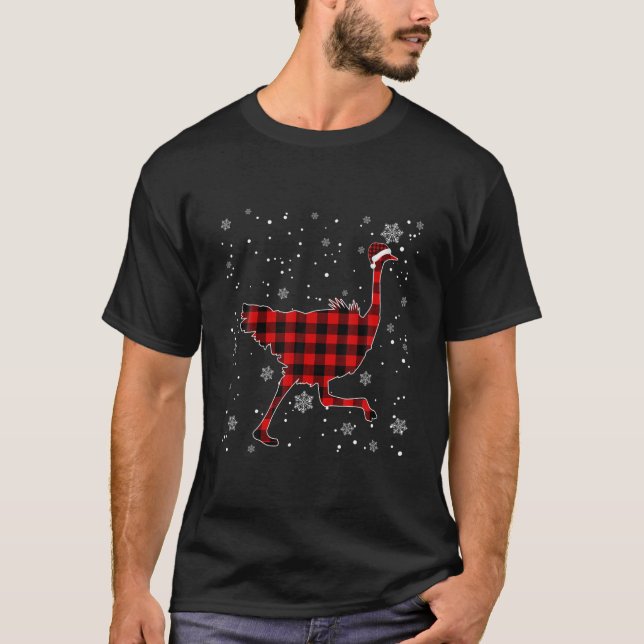 Funny Ostrich Christmas Kariert Pajama Animals L T-Shirt (Vorderseite)