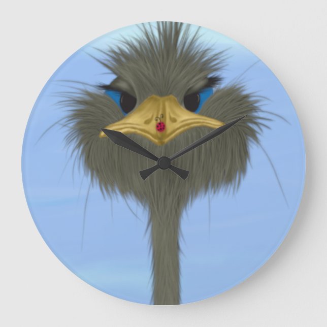 Funny Ostrich George und die Niedliche Ladybug Große Wanduhr (Vorderseite)