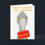 Funny Ostrich, Grandson, Name hinzufügen, Geburtst Karte<br><div class="desc">Ein zeichn eines niedlichen und lustigen Ordens,  das ein Geschenk mit dem Namen des Empfängers enthält. Vollständig anpassbare Geburtstagskarte. Für einen Enkel,  oder ändern Sie den Text. Versionen für Sohn,  Tochter,  Enkelin. Alle Texte können geändert werden,  falls Sie etwas Anderes benötigen.</div>