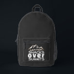 Funny Outdoor Hiking Backpack Gift Bedruckter Rucksack<br><div class="desc">Hey adventurer! You HAVE to see this backpack – it's seriously as awesome as you! This black hiking backpack has a super cool style, and the bright orange side panels? They just make it POP! And OMG, the mountain design on the front pocket that says "Snacks Over Summits"?! How cute...</div>