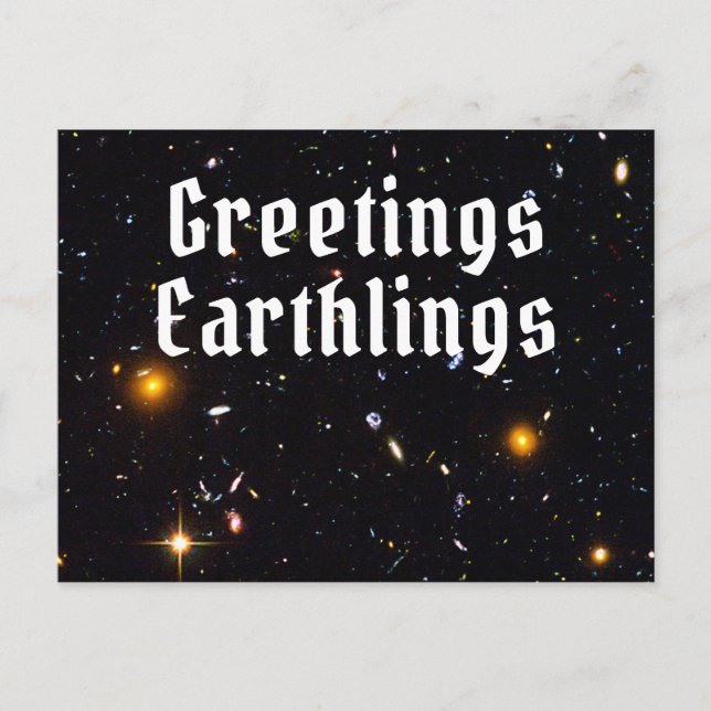 Funny Outer Space Grüße Erdlinge Postkarte (Vorderseite)