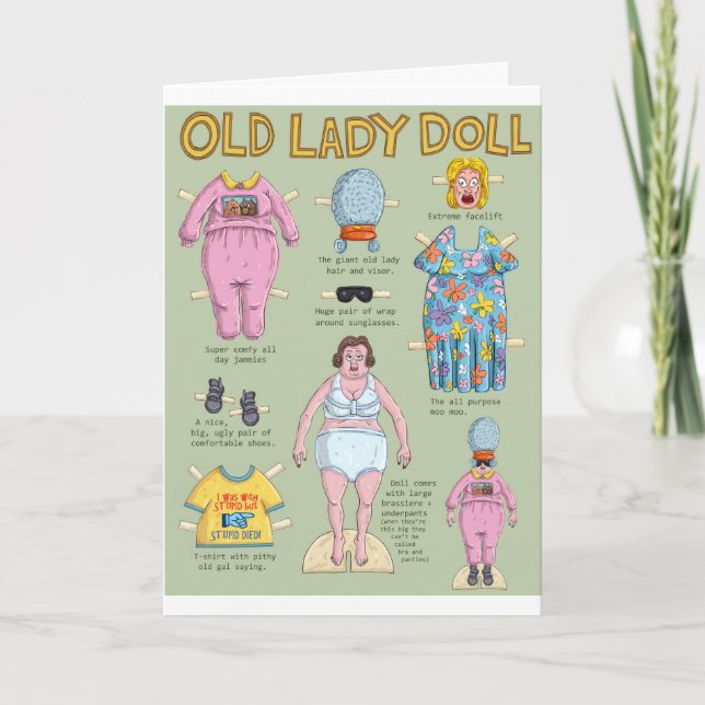 Funny Over Hill Birthday - Old Lady Paper Doll Karte (Vorderseite)