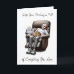 Funny Over The Hill Humour Birthday Karte<br><div class="desc">Ein lustiger älterer Mann schlief in seinem Liegestuhl mit einer Katze auf dem Schoß und einem Geburtstagskuchen auf dem Stuhl ein. Älterer Spaß. Katzen und Nickerchen zitieren.</div>