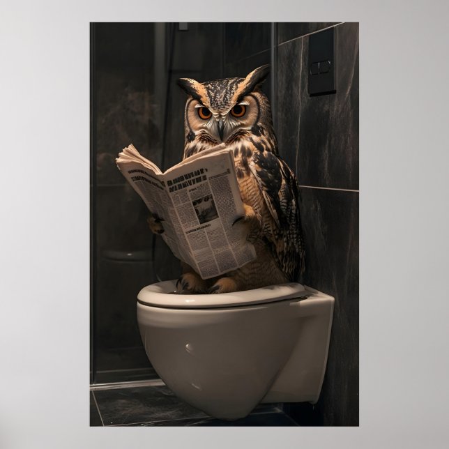 Funny Owl Reading Newspaper on Toilet, Bathroom Poster (Vorne)