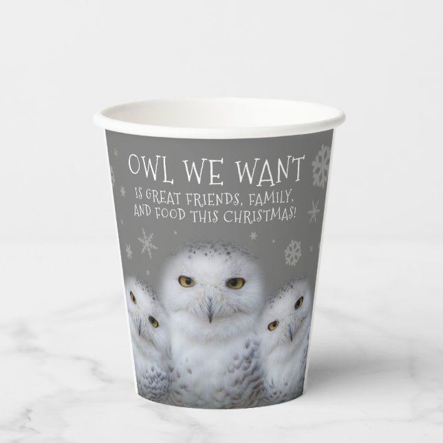 Funny Owl Wir Wollte zu Weihnachten ... Snowy Owls Pappbecher (Vorderseite)
