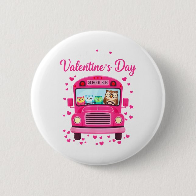 Funny owls school bus driver happy valentines day button (Vorderseite)