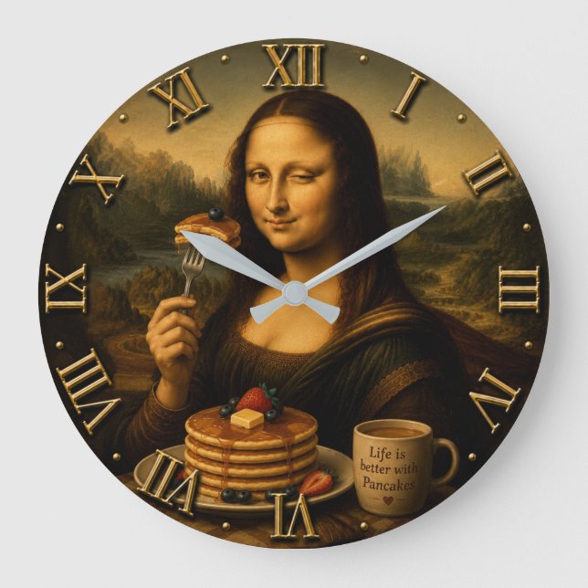 Funny Pancake Mona Lisa Große Wanduhr (Vorderseite)