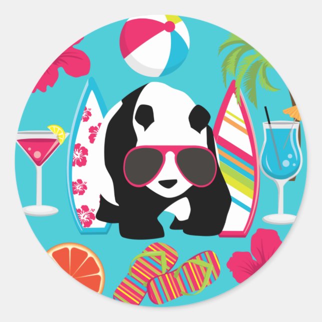 Funny Panda Bear Beach Bum Coole Sonnenbrille Surf Runder Aufkleber (Vorderseite)