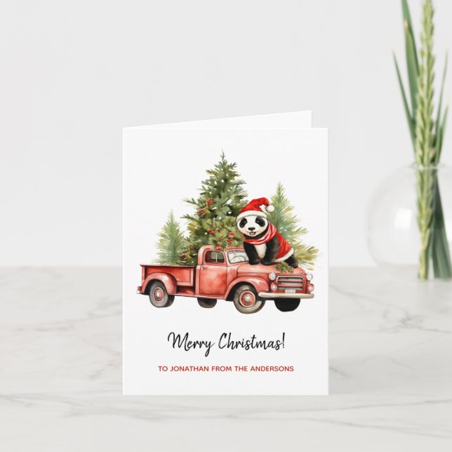 Funny Panda in Red Retro Van Xmas Karte (Vorderseite)