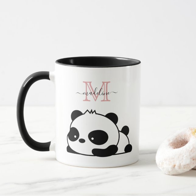 Funny Panda Modern Pink Monogram Tasse (Mit Donut)