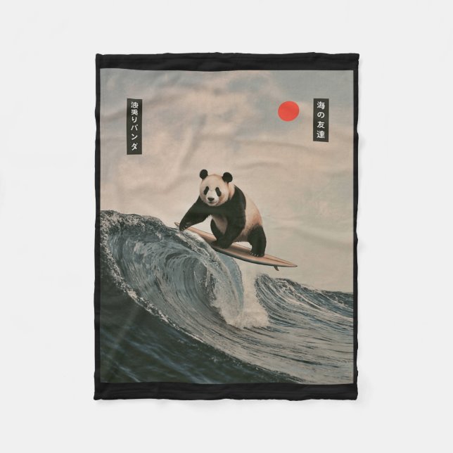 Funny Panda Surfing Saying Japanese Wave Meme Humo Fleecedecke (Vorderseite)