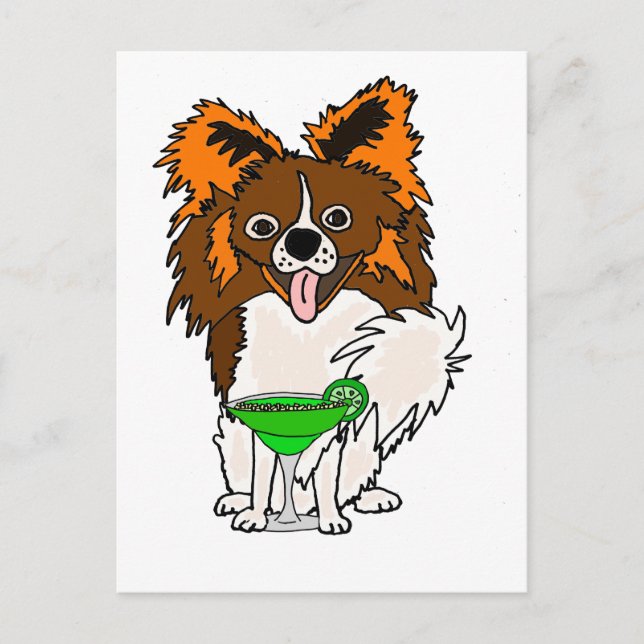 Funny Papillon Dog Drinking Margarita Cartoon Postkarte (Vorderseite)