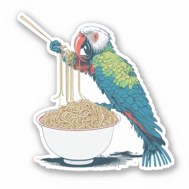 Funny Parrot Eating Ramen Noodles Aufkleber (Vorderseite)