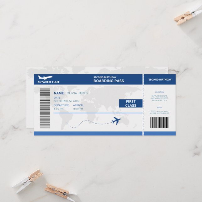 Funny passport, boarding pass ticket 2nd birthday einladung (Vorderseite/Rückseite Beispiel)