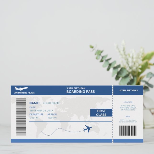 Funny passport, boarding pass ticket 6th birthday einladung (Stehend Vorderseite)