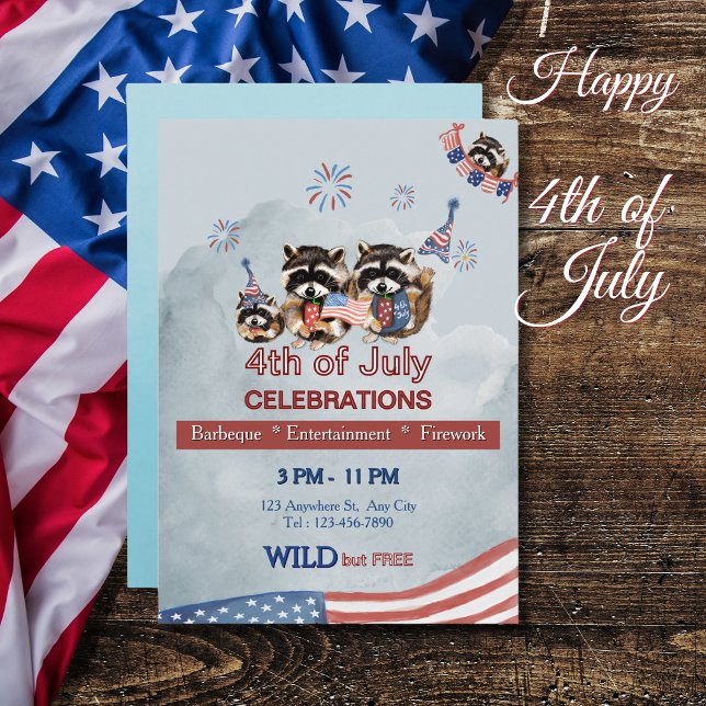 Funny Patriotic Raccoons GRILLEN & Fireworks Einladung (Funny Patriotic Raccoons BBQ & Fireworks Invitation)
