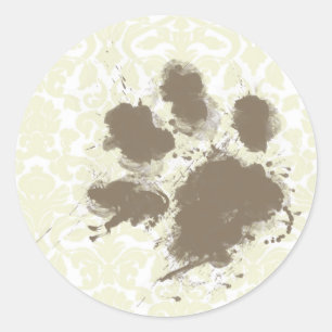 Funny Paw Print on Ivory Damask Pattern Runder Aufkleber
