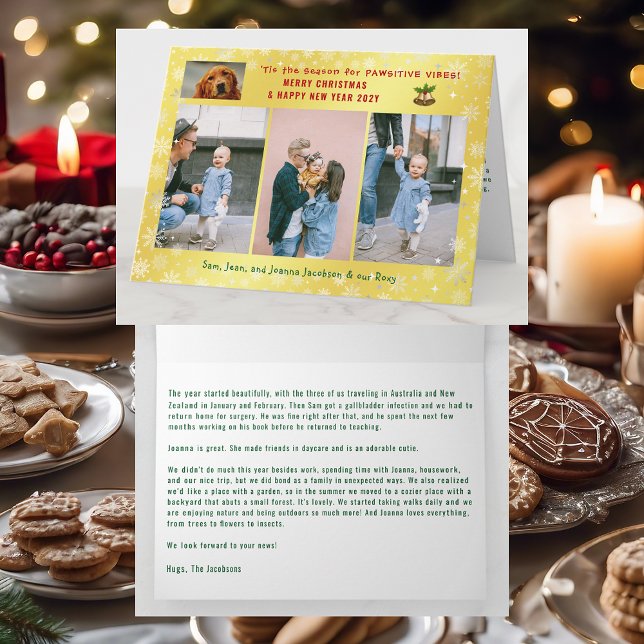 Funny Pawsitive Hunde Katze 4 Fotos Minimalistisch Karte (Cute Elegant Funny Pet Dog Pawsitive Vibes Merry Xmas Happy New Year 4 Photos Snow Letter Golden)