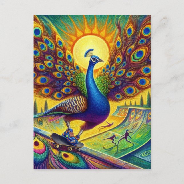 Funny Peacock Skateboard Postkarte (Vorderseite)