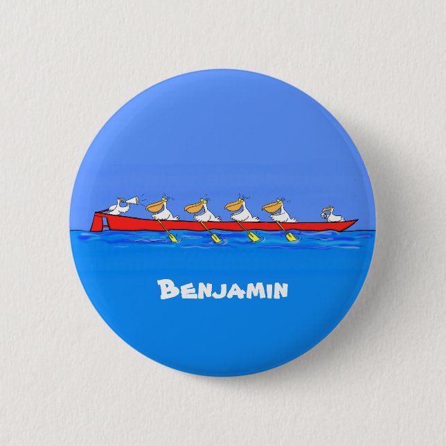 Funny pelicans ruderender Cartoon Button (Vorderseite)