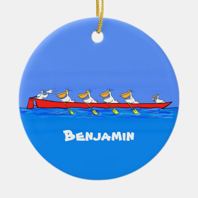 Funny pelicans ruderender Cartoon Keramik Ornament (Vorne)