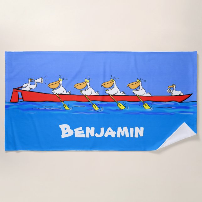 Funny pelicans Ruderteam Cartoon Strandtuch. Strandtuch (Vorderseite)