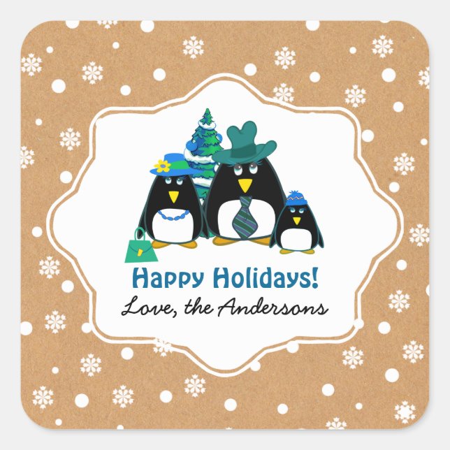 Funny Penguin Family Custom Christmas Quadratischer Aufkleber (Vorderseite)
