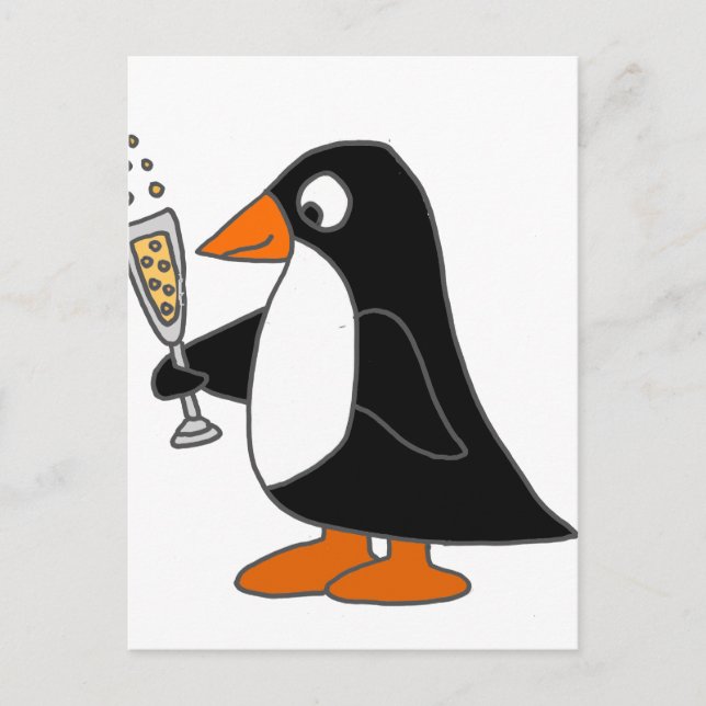 Funny Penguin mit Champagner Postkarte (Vorderseite)