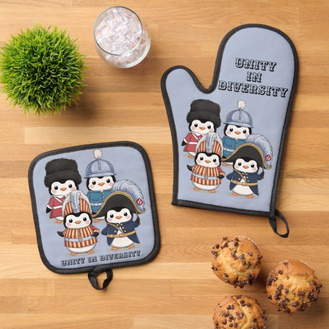 Funny Penguin Royal Gardens Unity in Diversity Ofenhandschuh & Topflappen-Set (Oben Unten)