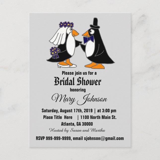 Funny Penguin Wedding Einladungspostkarte (Vorderseite)