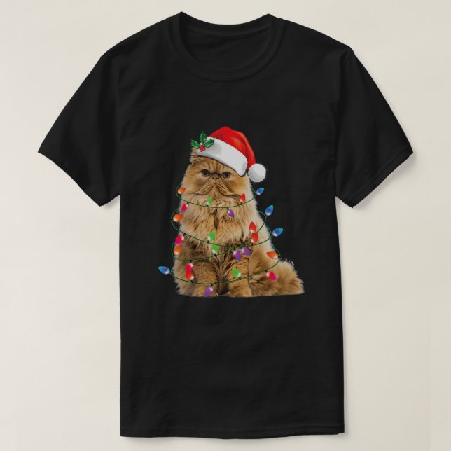 Funny Persian Cat Christmas Lights Xmas Pajama Cat T-Shirt (Design vorne)