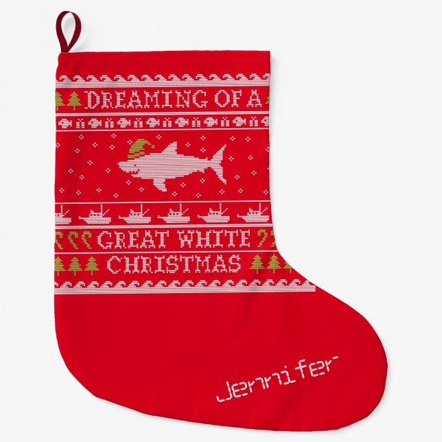 Funny Personalisiert Dreaming of Great White Shark Großer Weihnachtsstrumpf (Vorderseite)