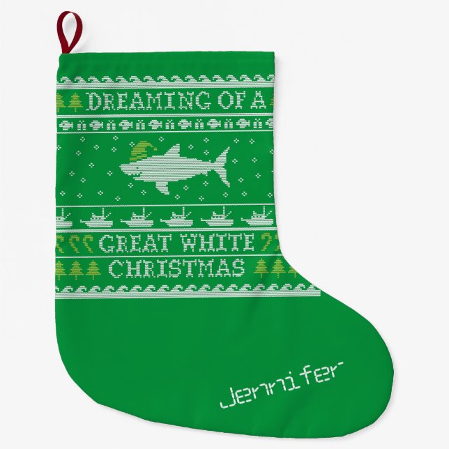 Funny Personalisiert Dreaming of Great White Shark Großer Weihnachtsstrumpf (Vorderseite)