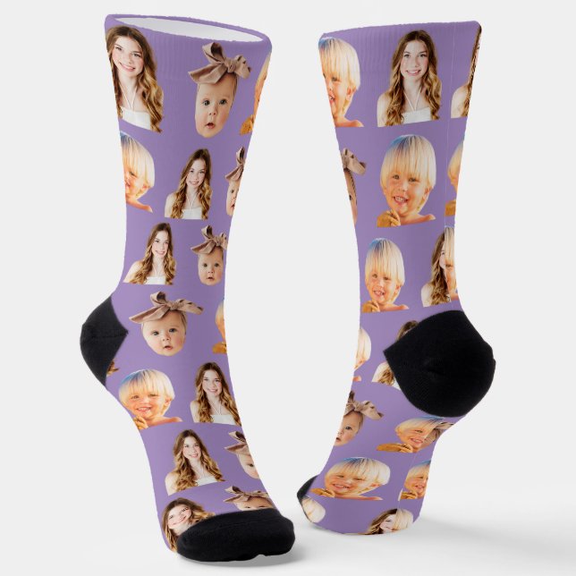 Funny Personalisierte Mama 3 Kids Foto Lila Socken (Gewinkelt)