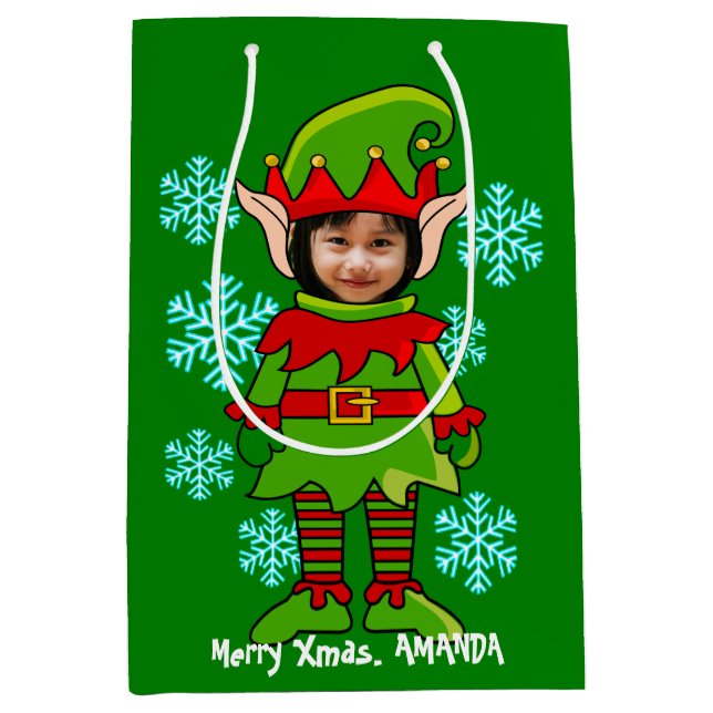 Funny personalisierten Xmas elf Foto Mittlere Geschenktüte (Vorderseite)