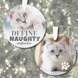 Funny Pet 2 Foto Weihnachten Ornament<br><div class="desc">Personalisiertes "Definition von Naughty" Cat Foto Ornament. Mit diesem lustigen Katzenschmuck, der perfekt für die mit einem schelhaften Kätzchen oder einem geselligen Kätzchen geeignet ist, verleihen Sie Ihrem Urlaubsdekor eine Touch Spaß. Auf der Vorderseite steht der spielerische Text "Definition Naughty" zusammen mit dem Namen Ihrer Katze, der die freche Persönlichkeit...</div>