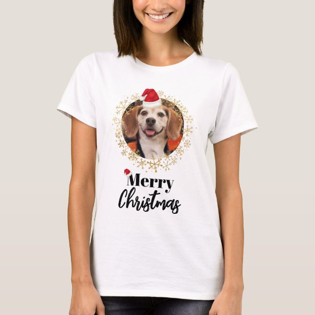 Funny Pet Foto Rote Weihnachtsmannmütze Schneefloc T-Shirt (Vorderseite)