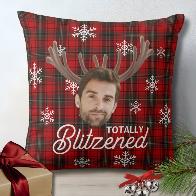 Funny Photo Face Blitzened Christmas Custom Gift Kissen (funny face totally blitzened christmas pillow with red plaid, snowflakes for white elephant gifts)