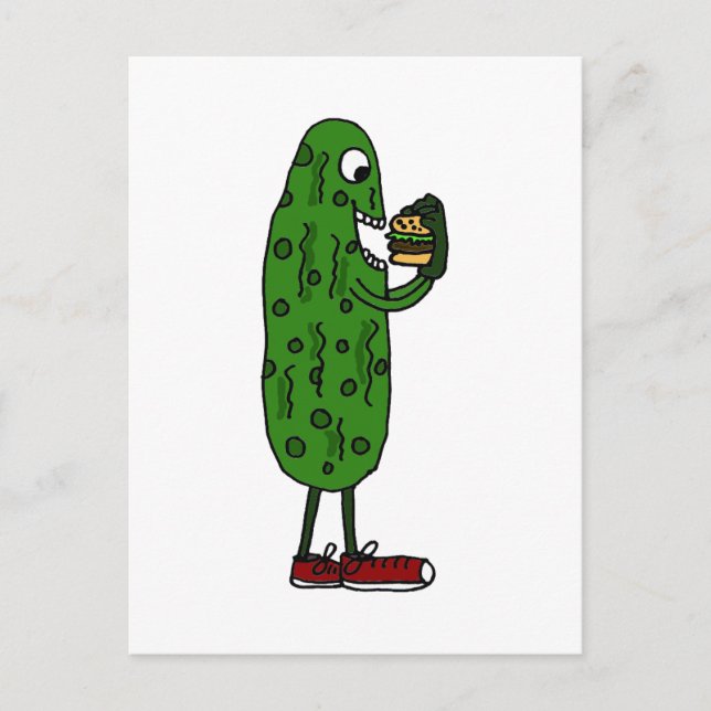 Funny Pickle Eating Hamburger Cartoon Postkarte (Vorderseite)