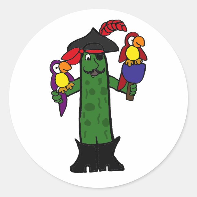 Funny Pickle Pirate mit Parrots Runder Aufkleber (Vorderseite)