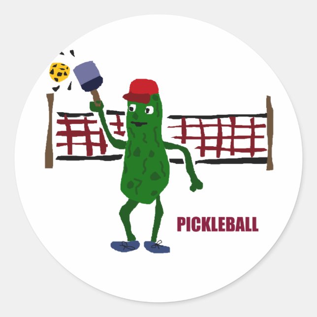 Funny Pickle Playing Pickleball mit Net Art Runder Aufkleber (Vorderseite)