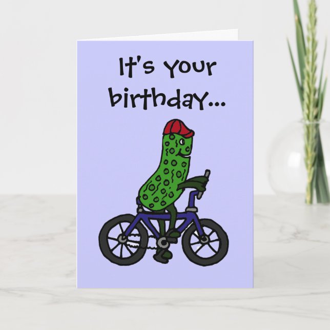 Funny Pickle Reiten Fahrrad Cartoon Karte (Vorderseite)